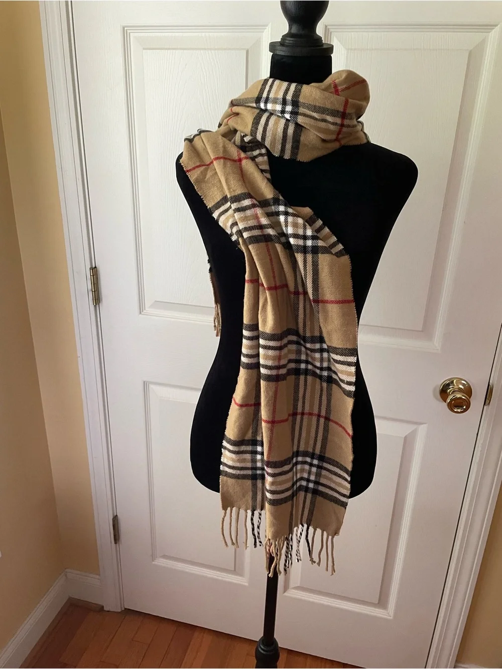 Cashmere Feel Italy Design Camel Plaid Tartan Fringe Scarf Wrap 60x12 🧣Italian